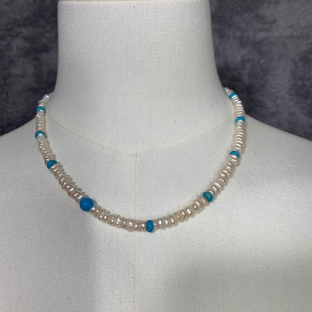 Vintage Freshwater Pearl & Turquoise Beaded Necklace 18" Natural Gemstone Strand